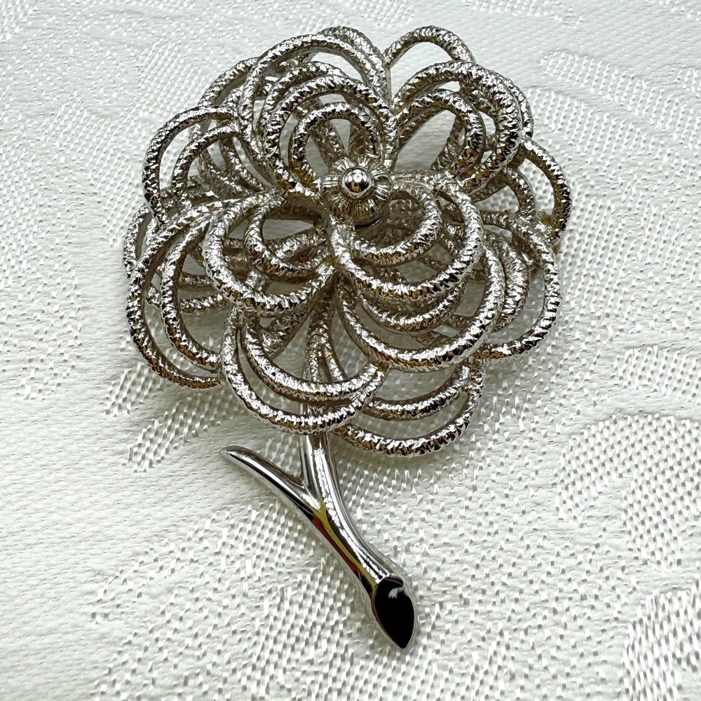 Vintage Signed Monet Silver Tone Flower Floral Brooch w/ Metal Filigree